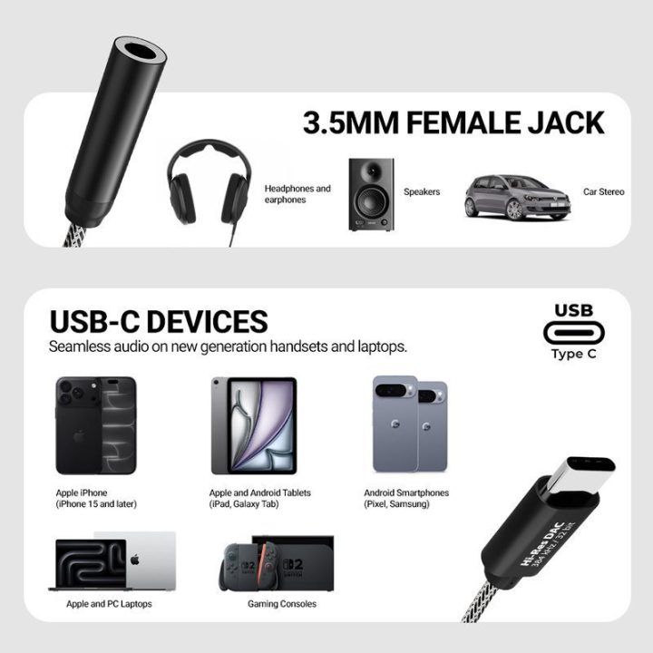 USB-C į 3,5 mm garso adapteris su DAC Crong Armor Link, 10 cm, juodas
