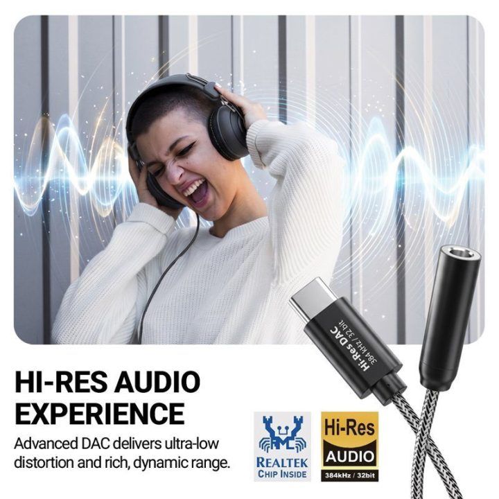 USB-C į 3,5 mm garso adapteris su DAC Crong Armor Link, 10 cm, juodas