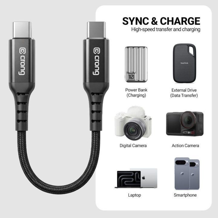 USB-C–USB-C laidas 60 W Crong Armor Link, 25 cm, juodas