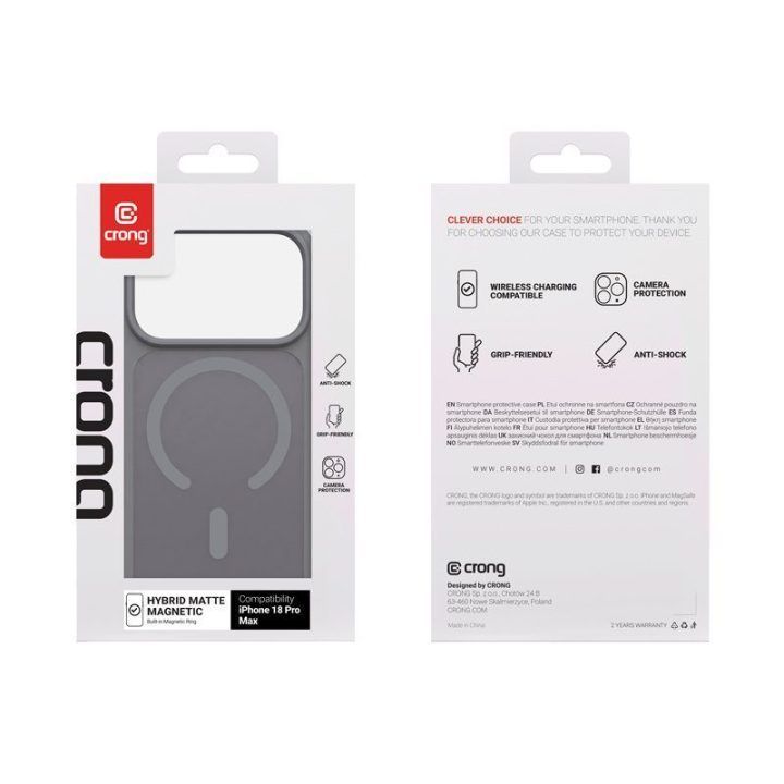 Dėklas iPhone 18 Pro Max / 17 Pro Max Crong Hybrid Matte Magnetic, pilkas