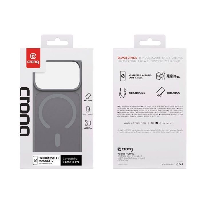 Dėklas iPhone 18 Pro / 17 Pro Crong Hybrid Matte Magnetic su MagSafe, pilkas