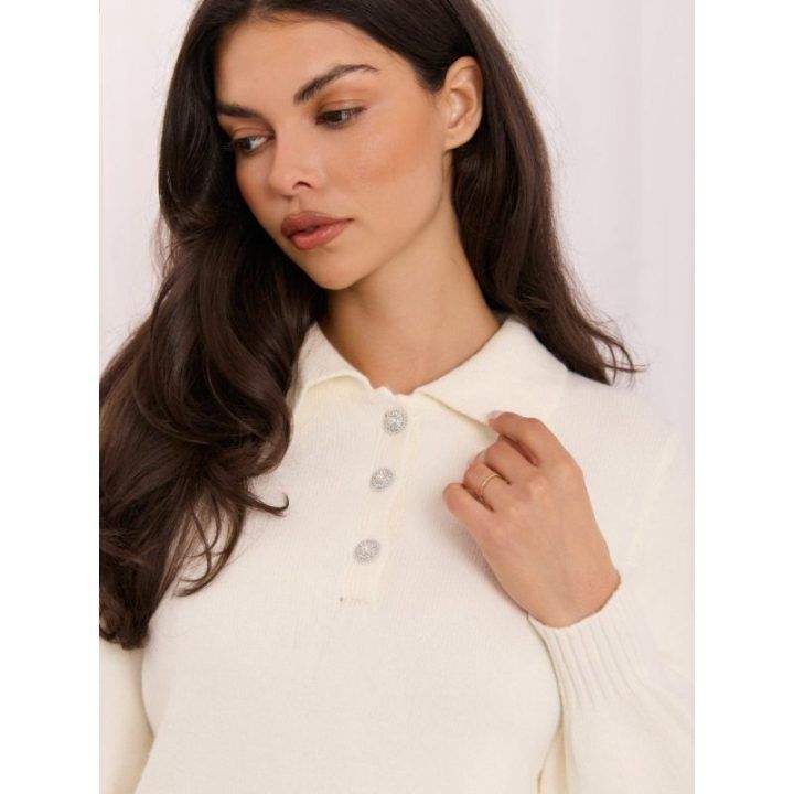 Moteriškas polo megztinis su pūstomis rankovėmis Italy Moda, kreminis