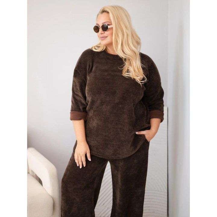 Moteriškas Plus Size komplektas su plačiomis kelnėmis, rudos spalvos