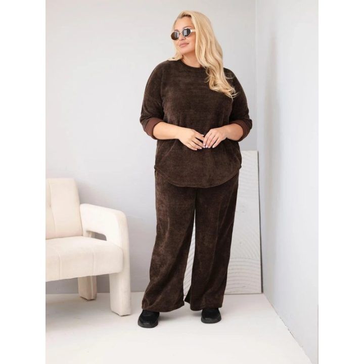 Moteriškas Plus Size komplektas su plačiomis kelnėmis, rudos spalvos