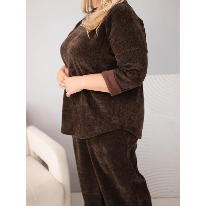Moteriškas Plus Size komplektas su plačiomis kelnėmis, rudos spalvos