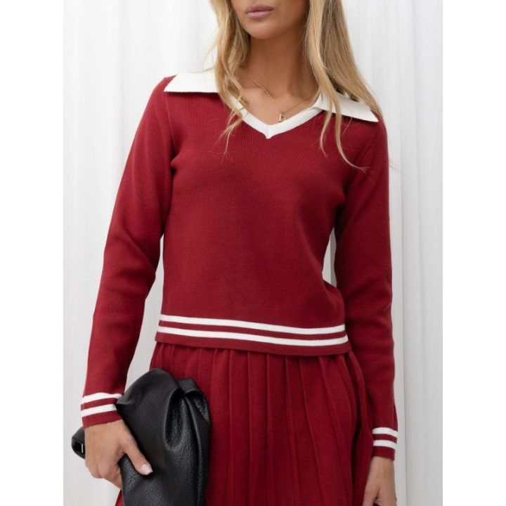 Moteriškas megztinio ir sijono komplektas su polo apykakle Italy Moda, bordo