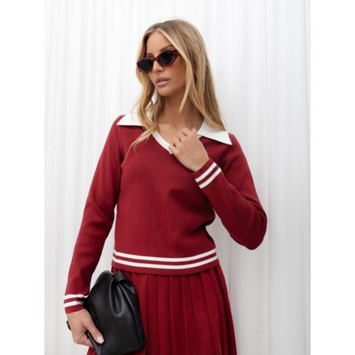 Moteriškas megztinio ir sijono komplektas su polo apykakle Italy Moda, bordo