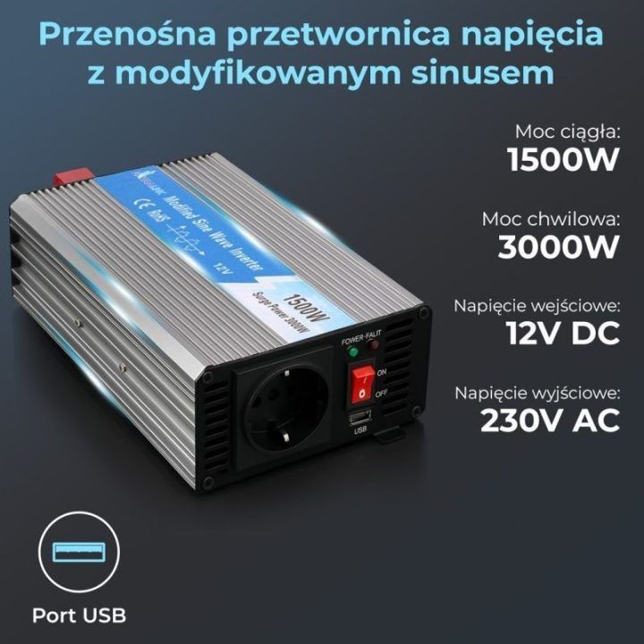 Automobilinis įtampos keitiklis 12 V, 1500 W, modifikuotos sinusoidės