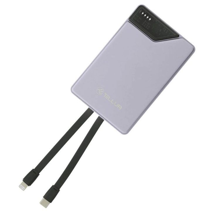 Išorinė baterija su laidais Tellur, 10 000 mAh, violetinė