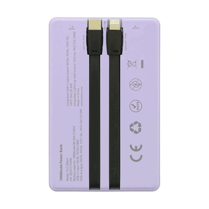 Išorinė baterija su laidais Tellur, 10 000 mAh, violetinė