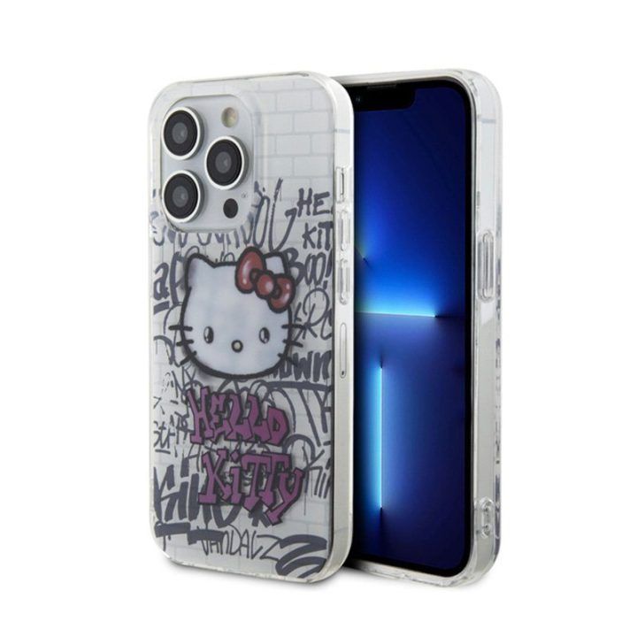 Dėklas iPhone 14 Pro su Hello Kitty grafičio raštu, baltas
