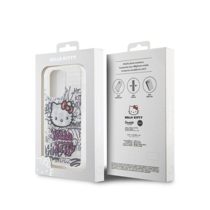 Dėklas iPhone 14 Pro su Hello Kitty grafičio raštu, baltas