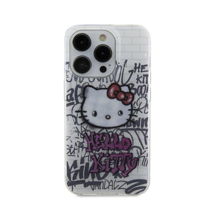 Dėklas iPhone 14 Pro su Hello Kitty grafičio raštu, baltas