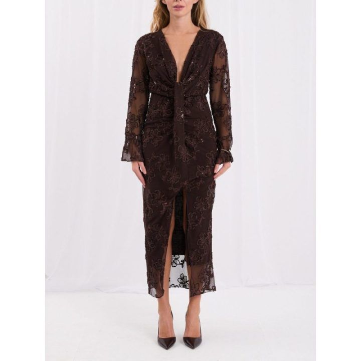 Pieštuko formos midi suknelė su skeltuku Italy Moda, tamsiai ruda