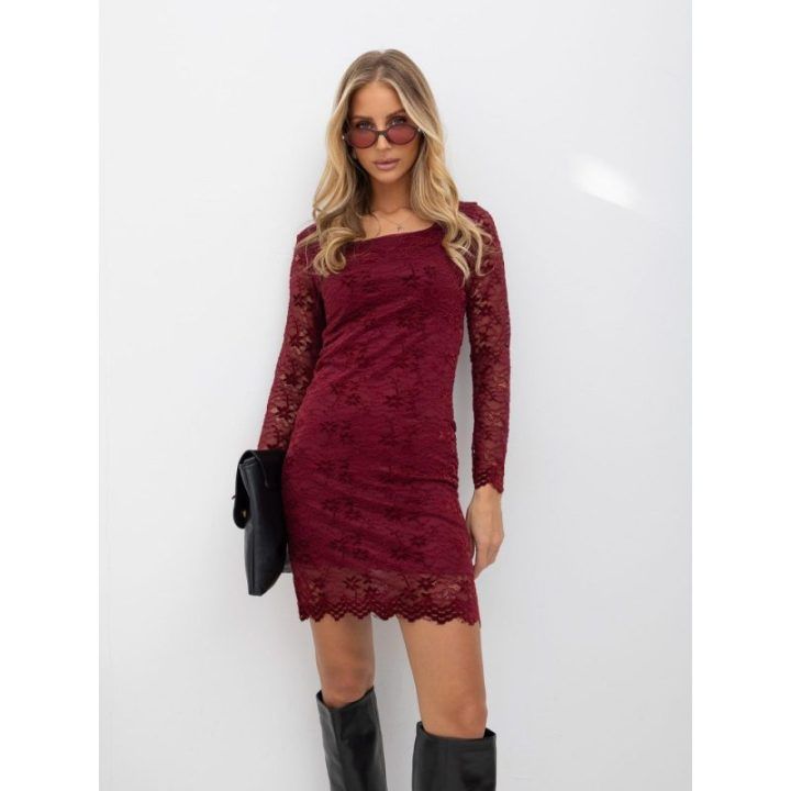 Moteriška nėriniuota pieštuko formos suknelė Italy Moda, bordo
